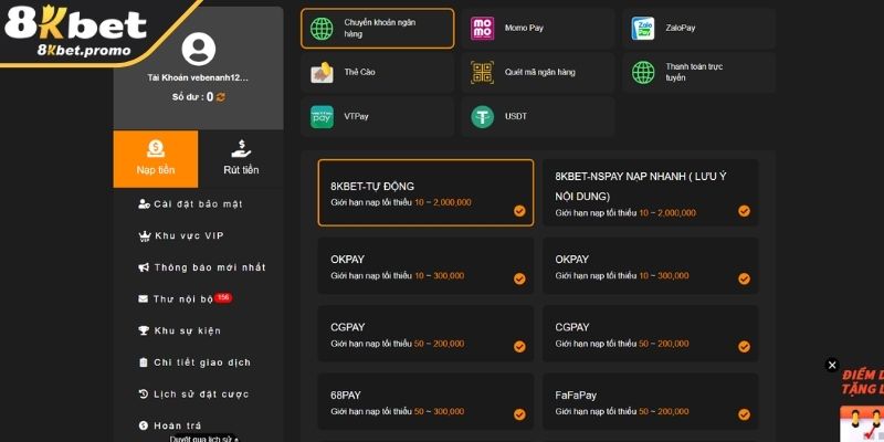 Lưu ý quan trọng khi nạp và rút tiền 8KBet